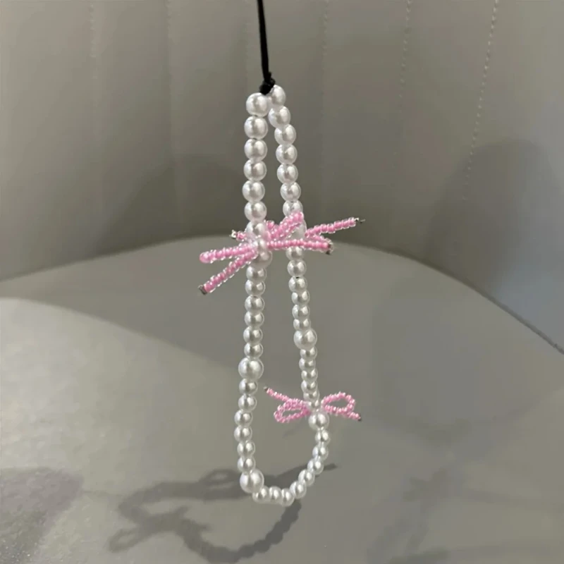 Korea Pink Bowknot Pearl Pendant Beaded Phone Charm for IPhone Accessrioes Lanyard Woman Girl Jewelry Hanging Rope Strap