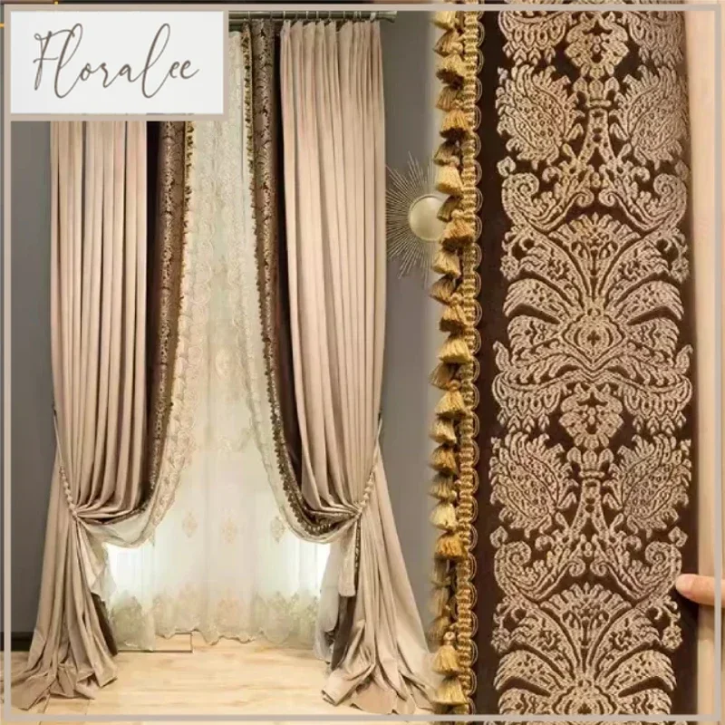 

High End Retro Milk Tea Colored Embroidered Velvet Patchwork Curtains For Living Room Bedroom Blackout Villa Customization