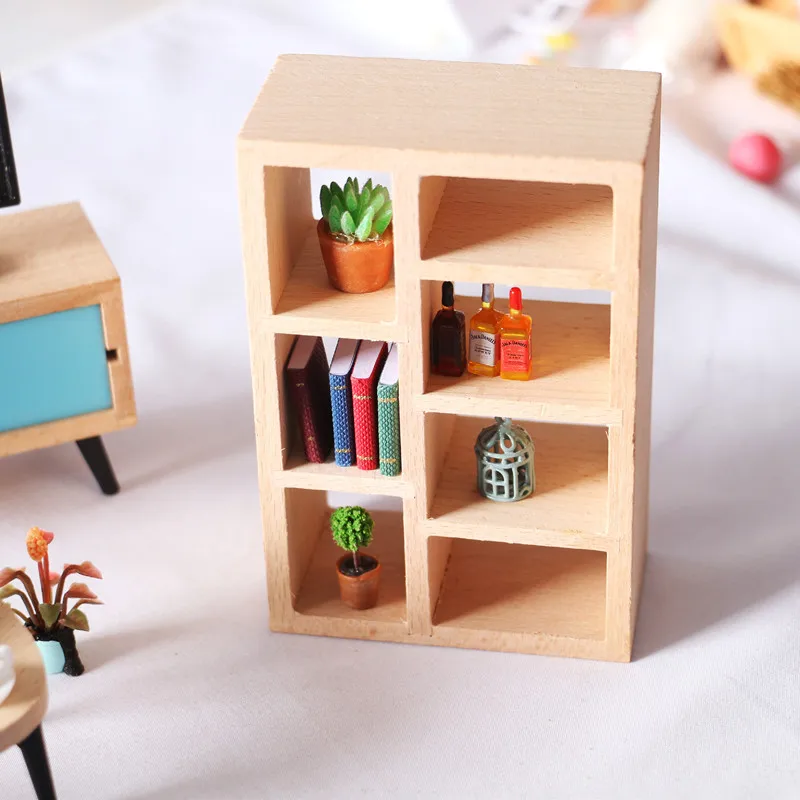 Dolls Furniture Mini Wooden Bookshelf Cabinet Rack Model for Barbie Doll 1:12 Miniature Dollhouse Decor Accessories Kids Toys