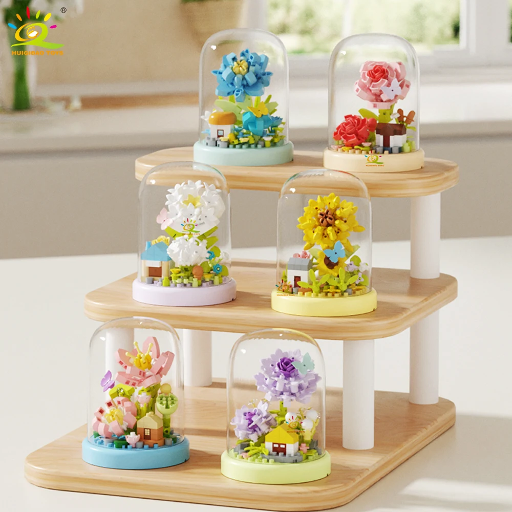 

HUIQIBAO MOC цветочная витрина микро строительный блок DIY мини цветок мини-алмазная модель кирпичная игрушка для детей украшение стола
