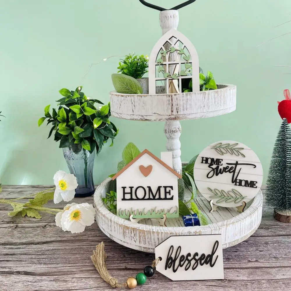 

Set Of 8 Farmhouse 3 Tiered Stand Trays 4 Artificial Card 1 Artificial Plant Set For Rustic Home Sweet Decoration Dropshipping