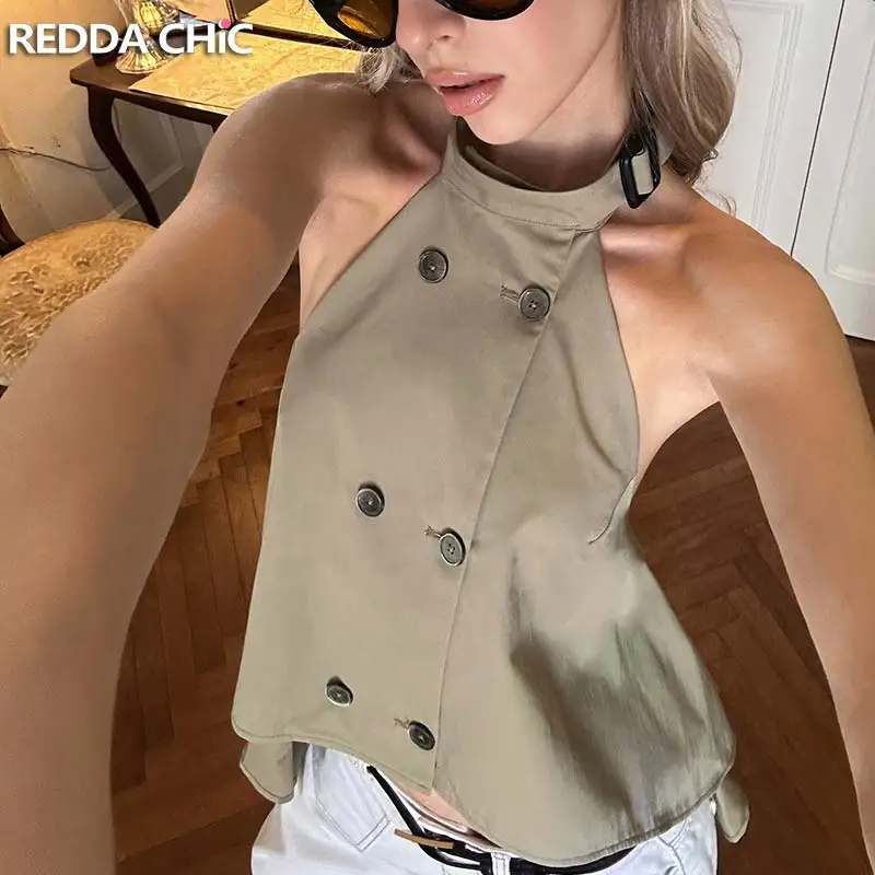 REDDACHiC Double-Breasted High-Low Women Top Lounge Scarf Backless Adjustable Halter Tank Sleeveless Camisole Office Streetwear