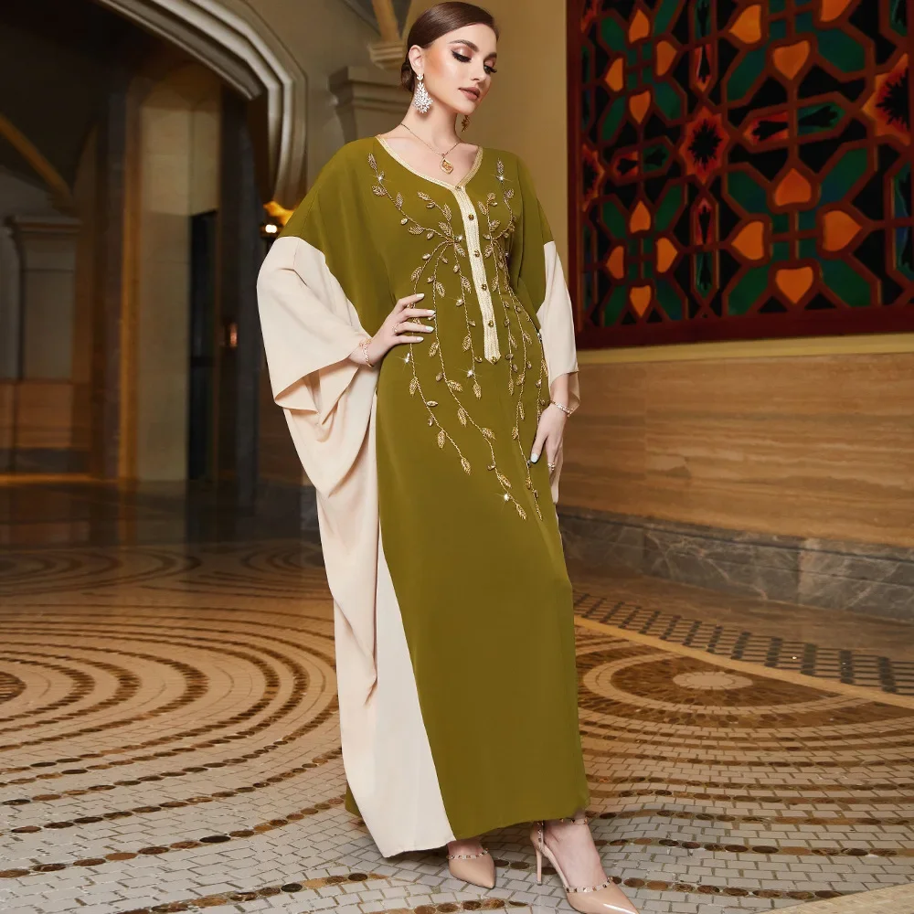 

Patchwork Long Dress Muslim Abayas for Women Hand Sewn Diamond Robe Batwing Sleeve Summer Dress Dubai Robe Ramadan Kimono Kaftan