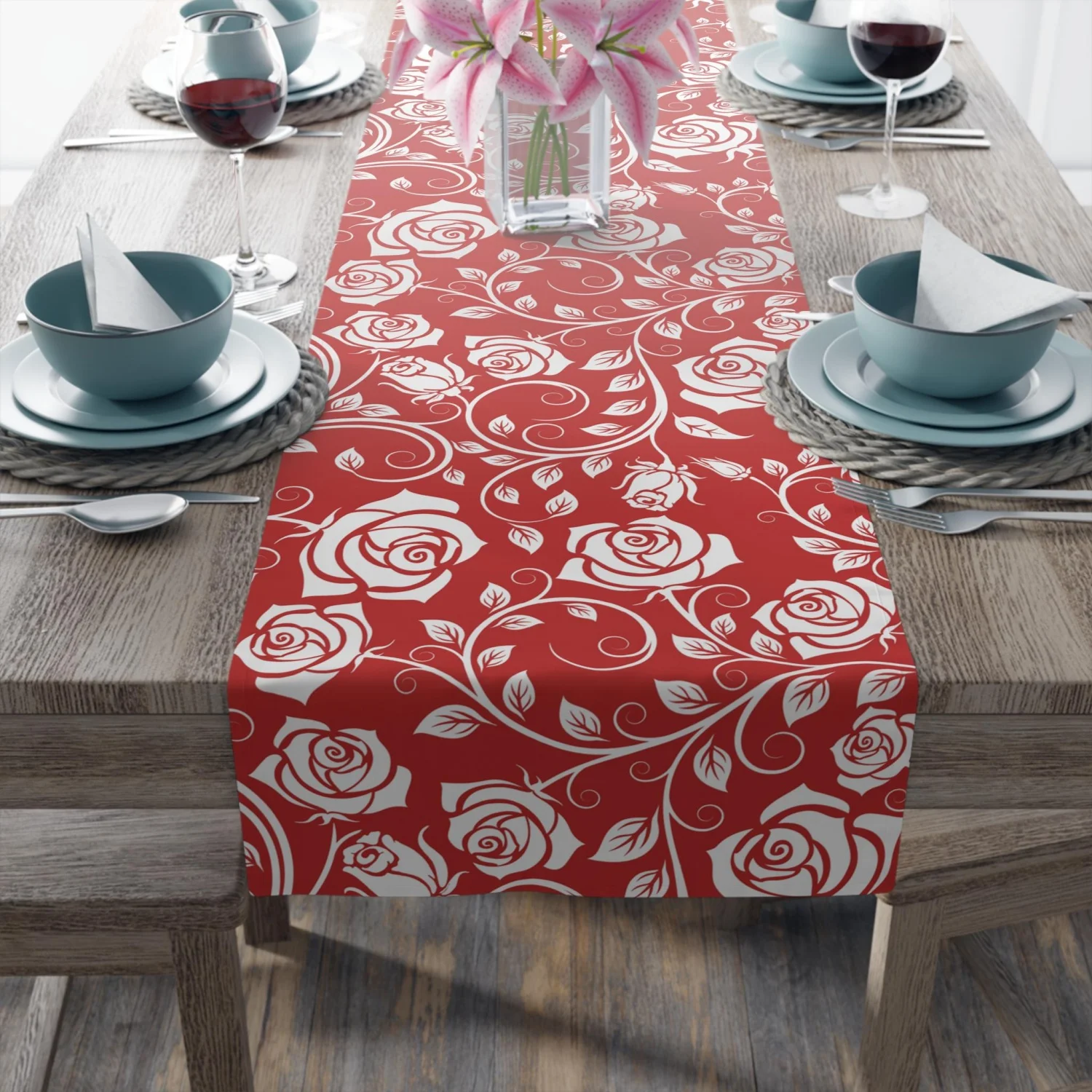 

White & Red Roses Table Runner, Christmas Table Decor, Wedding, Valentine's Day Table Runner, Cotton Twill, Polyester