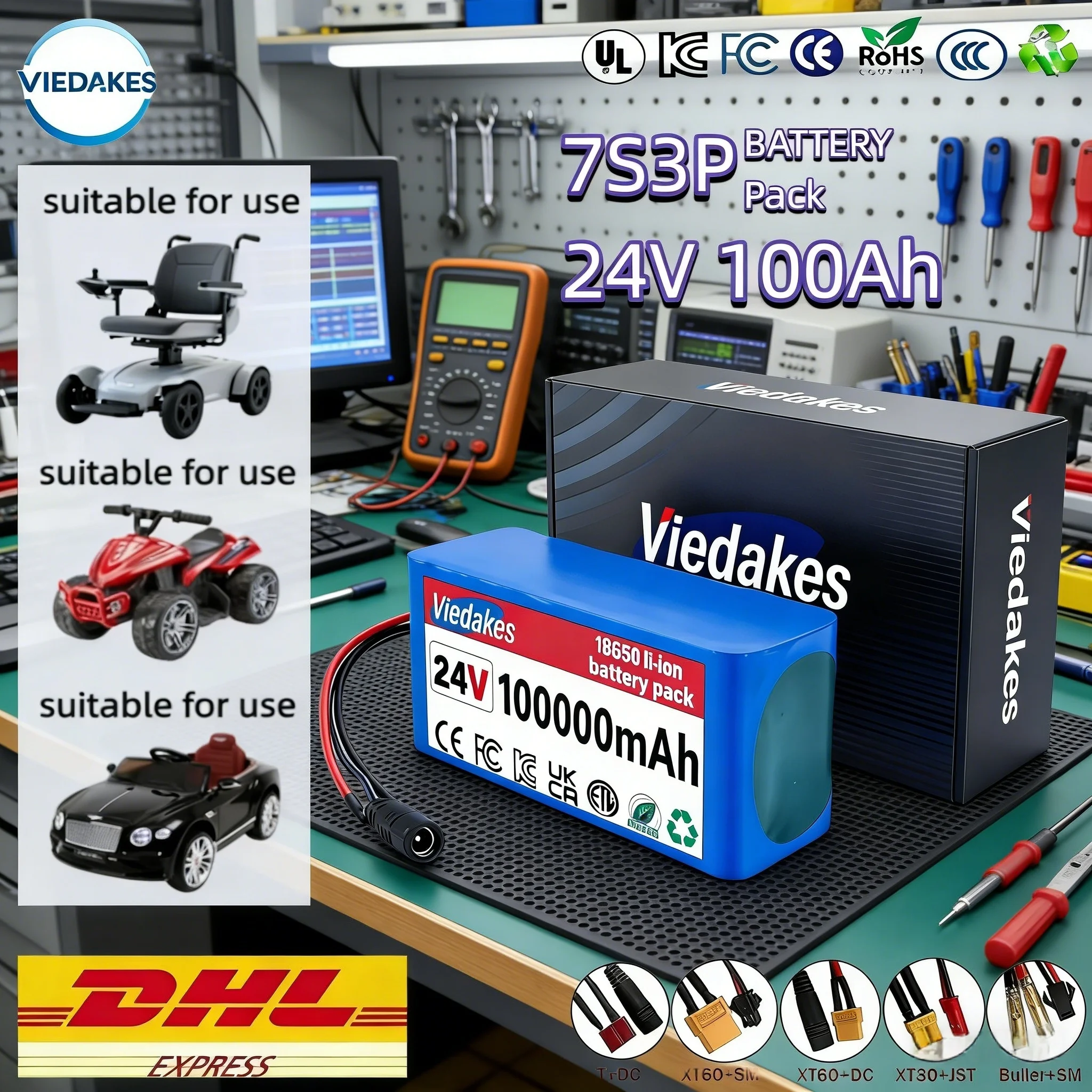 

VIEDAKES Brand New 24V 100Ah Lifepo4 24v batteries 7S3P 18650 Battery Pack Power Bank Stable Power For Golf Trolley