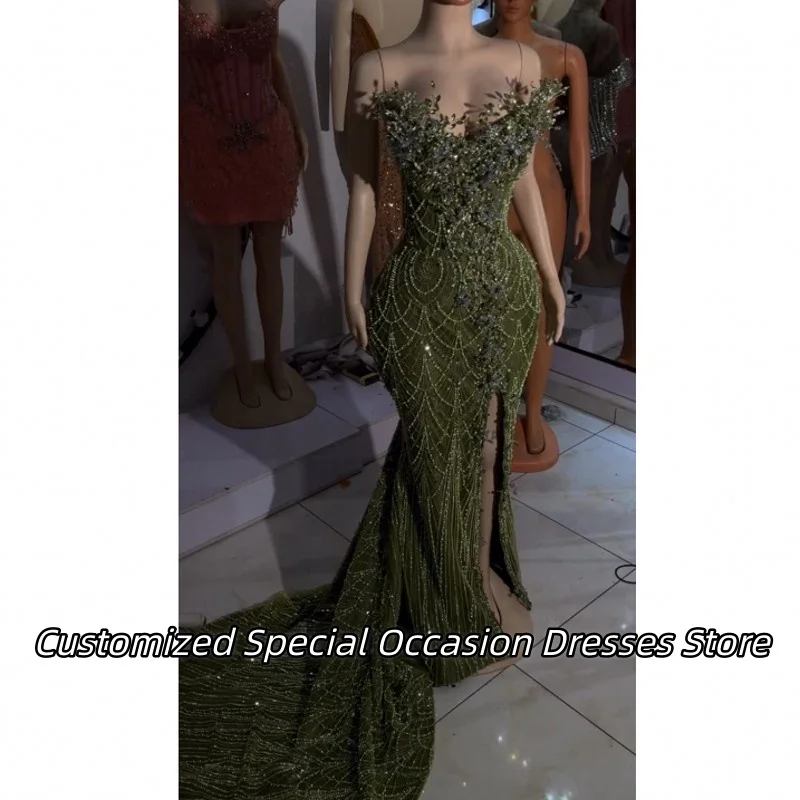 

Изысканное темно-зеленое платье для выпускного вечера без рукавов с высоким разрезом и аппликацией из бисера Вечерние платья русалки по индивидуальному заказу Свадебные платья