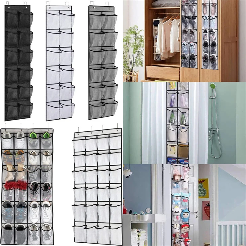 12/24 Grids Wall-Mounted Sundries Shoe Organiser Fabric Closet Bag Storage Rack Mesh Pocket Clear Hanging Over The Door Box