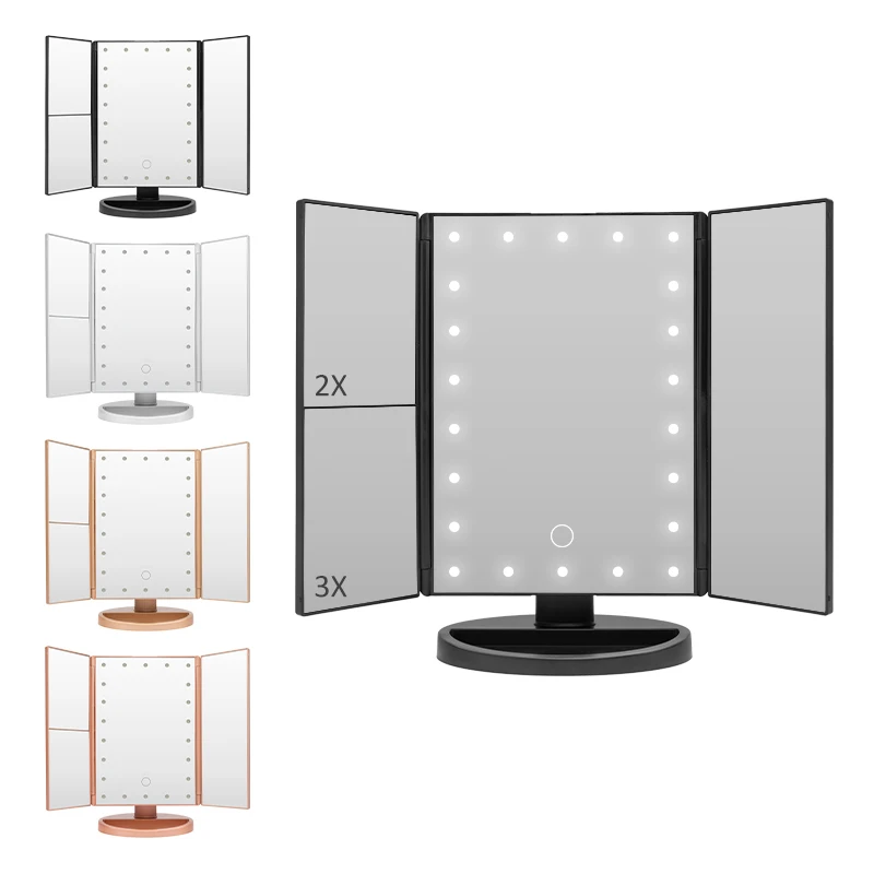 Desktop Triple Fold Makeup Mirror 2X/3X Magnification True-View Lighting Battery or USB Powered Portable Desktop Dressing