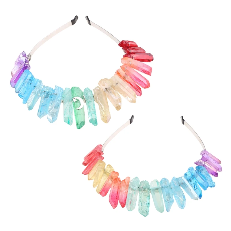 for Raw Crystal Headband Handmade Rainbow Colorful Stone Jewelry Hair Hoop Ethnic Bohemian Wedding Party