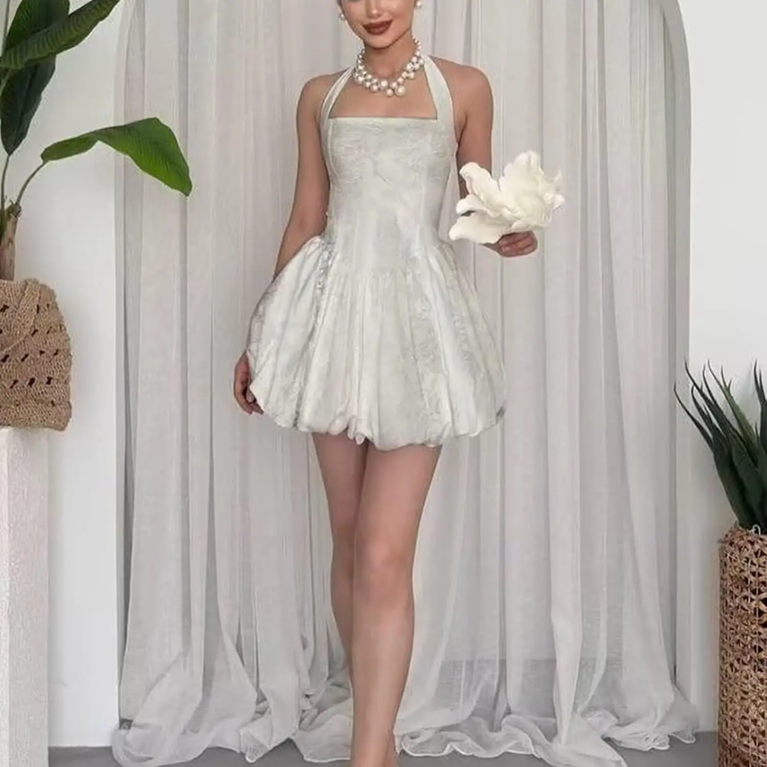 Satijn Jacquard Homecoming Jurken Korte 2025, Halter Mini Bubble Jurk Mouwloze Cocktail Verjaardagsfeestje Jurk Galajurken