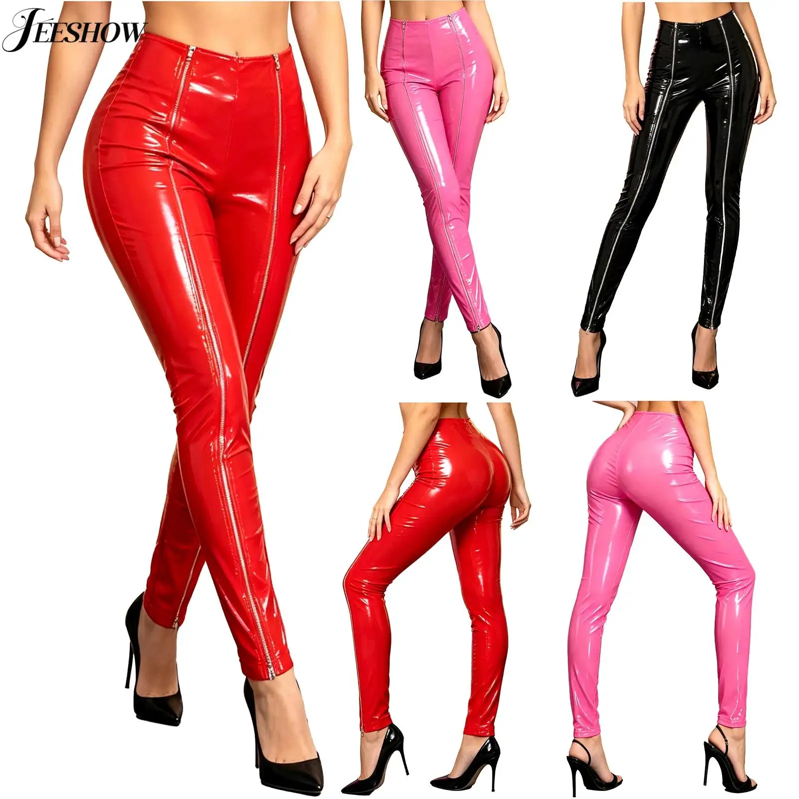 Womens Patent Leather Front Zipper Leggings Wet Look High Waist Skinny Pencil Pants PVC PU Leather Tight Pants Clubwear Trousers