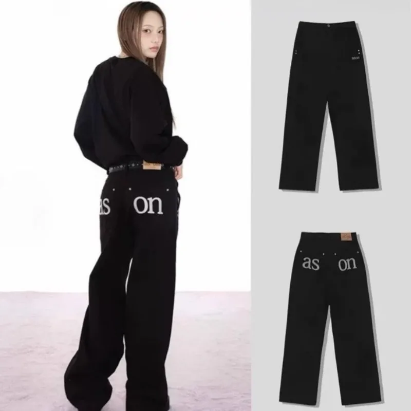 American Retro Women's Jeans Letter-printed Wide-leg High-waisted Loose-fitting Straight-leg Trousers Street Casual Floor Pants