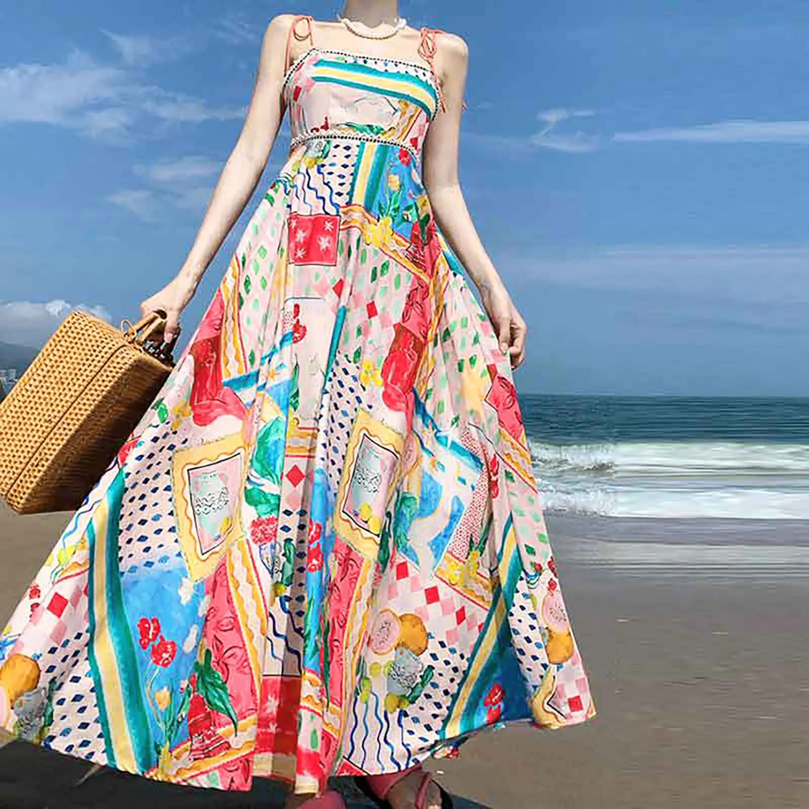 Frauen Bunte Print Boho Kleid Sexy A-Line Big Swing Rückenfreie Ärmel Sling Kleider Robe Mode Strand Urlaub Kleid