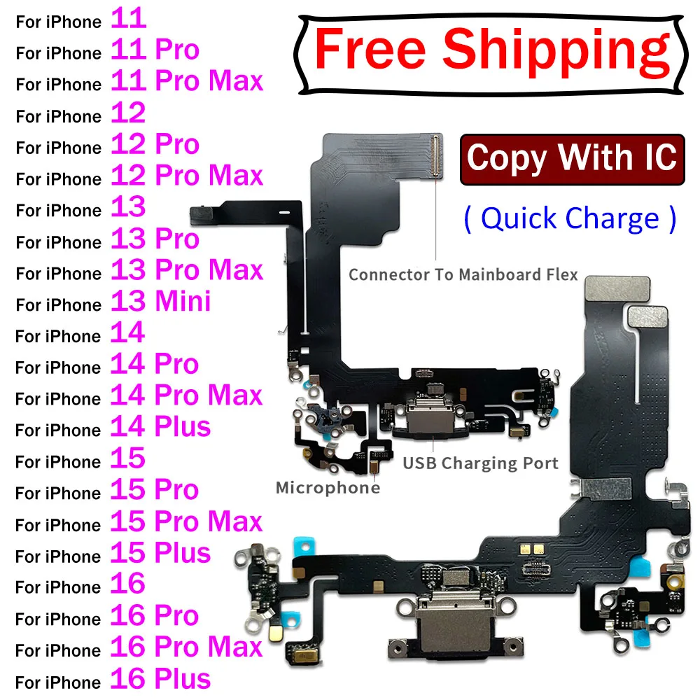 Dock Connector USB Charger Charging Port Flex Cable Microphone Board For iPhone 11 12 13 14 15 16 Pro Max Plus Mini X XS XR Max