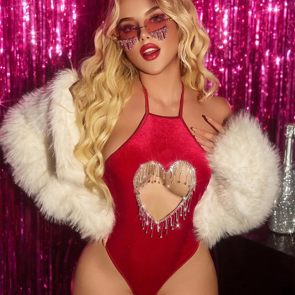 شرابة المخملية ارتداءها مثير عارية الذراعين الجوف خارج الملابس الداخلية ملابس داخلية ازياء بذلة الهذيان النادي الليلي النساء حفلة عيد الحب #5