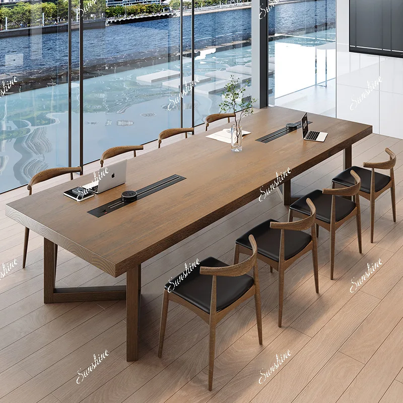 Simple modern solid wood conference table with socket reception table and chair combination log large board workbench long table