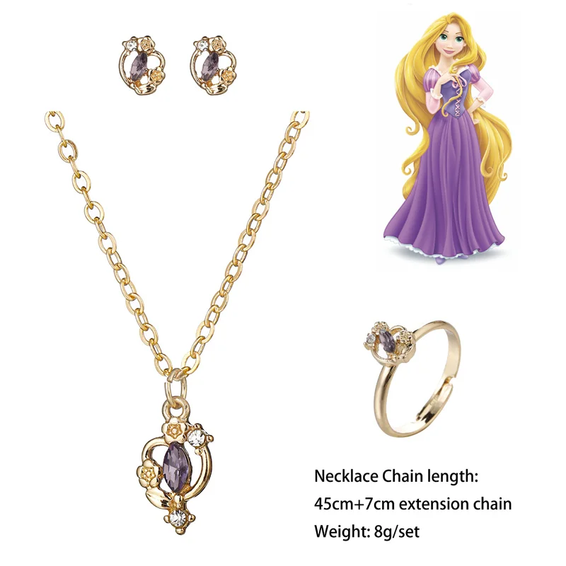 Disney Frozen Necklace Earrings Ring Set Cartoon Prince Elsa Anna Snow White Jasmine Cinderella Party Jewelry Gift 4pc