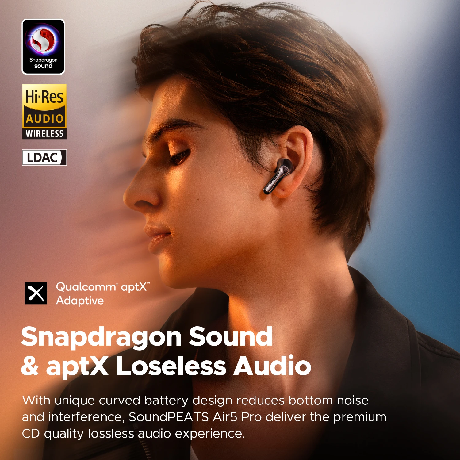 سماعات أذن لاسلكية SoundPEATS Air5 Pro، سماعات أذن هجينة ANC بلوتوث 5.4 aptX ™   ضياع، LDAC LE Hi-Res Audio 6 ميكروفونات