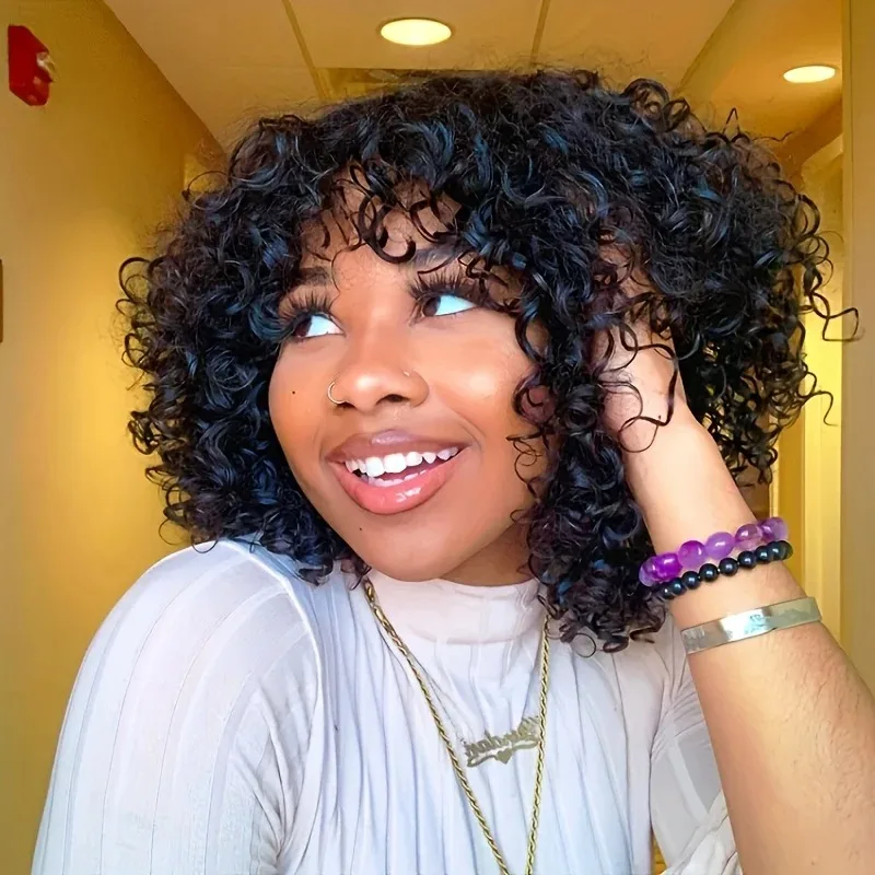 

16 Inch Natural Black Brazilian Curly Bob Wig With Bangs 3x1 Lace Closure Machine Made Deep Wave Human Hair Wig For Black Ladies