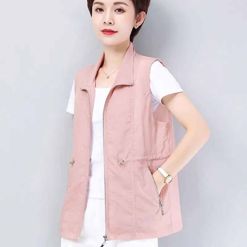

4XL Double Layer Women's Vest Summer Waistcoats Stand Collar Thin Sun Protection Vest Middle aged Female Sleeveless Jacket