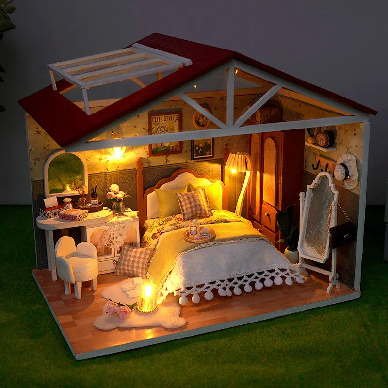 Zestaw do samodzielnego montażu drewnianego modelu miniaturowego sklepu, domków dla lalek 3D z meblami i oświetleniem, idealny na prezent urodzinowy dla przyjaciół.