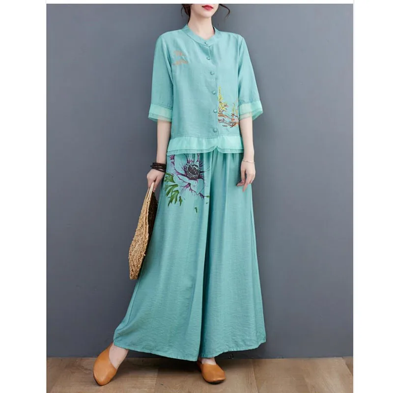 

Embroidery Mother's Loose Two-Piece Set Female Ethnic style Pant Suit Women's Ramie Upper Garment Summer Cotton Linen Cardigan 5