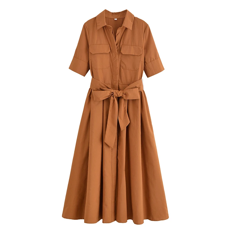 YENKYE Herbst 2025, Frauen Solide Mit Gürtel Langes Hemd Kleid Vintage Revers Kragen Kurzarm A-linie Casual Kleider Maxi Vestidos