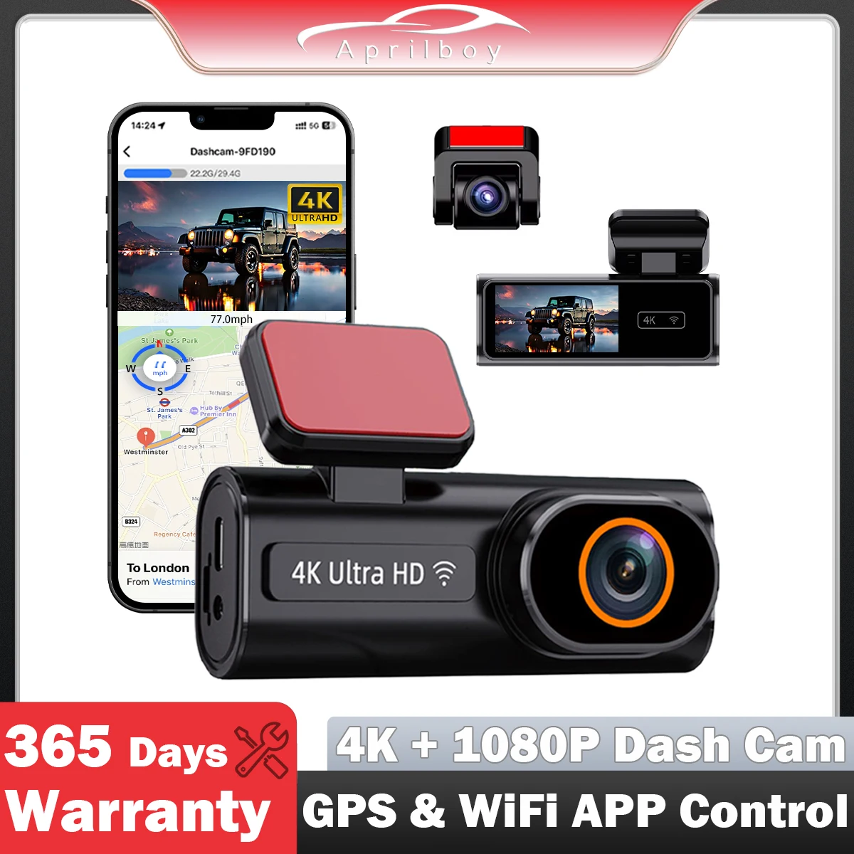 Aprilboy Dash Cam 4K UHD Car Camera Built-in 5.8Ghz WiFi APP Control Dual Lens Black Box Room Camera Super Night Vision