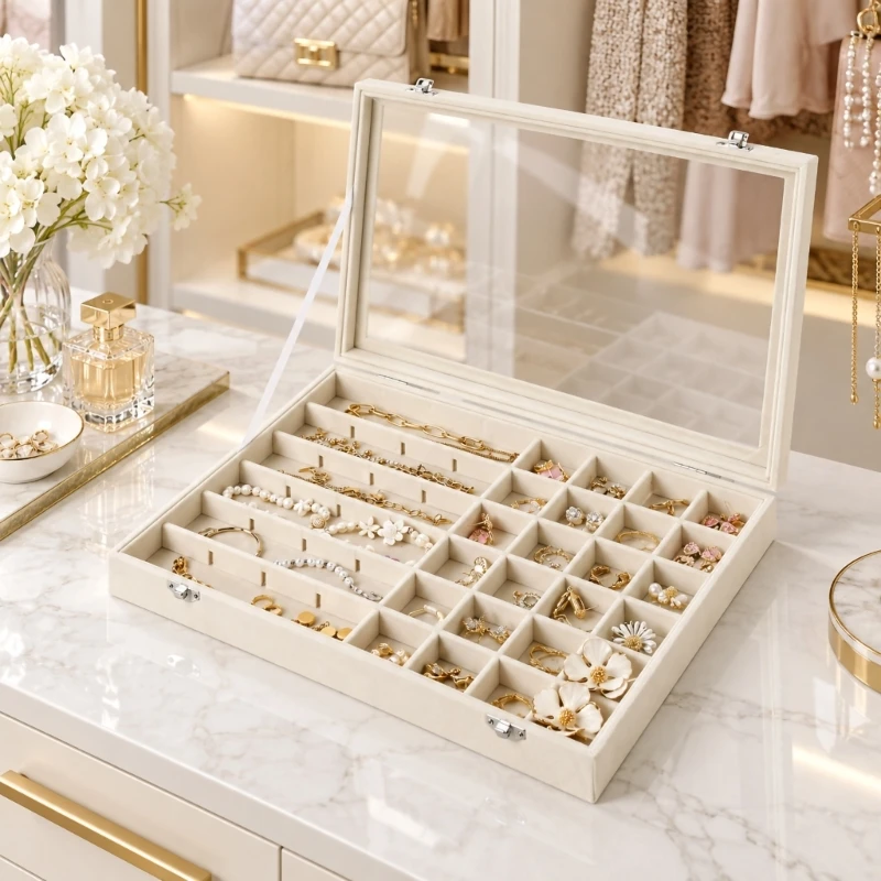1 Pcs Velvety Fabric Jewelry Display Tray Stackable Save Space For Rings Bracelet Necklace Earring Storage Valid for Home