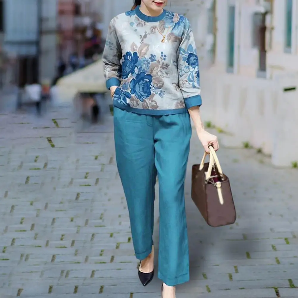 المرأة س الرقبة طويلة الأكمام بلوزات و السراويل المستقيمة دعوى ، القطن الكتان وتتسابق ، فضفاضة طباعة مجموعة ، الركاب أنيقة موضة ، مستقيم