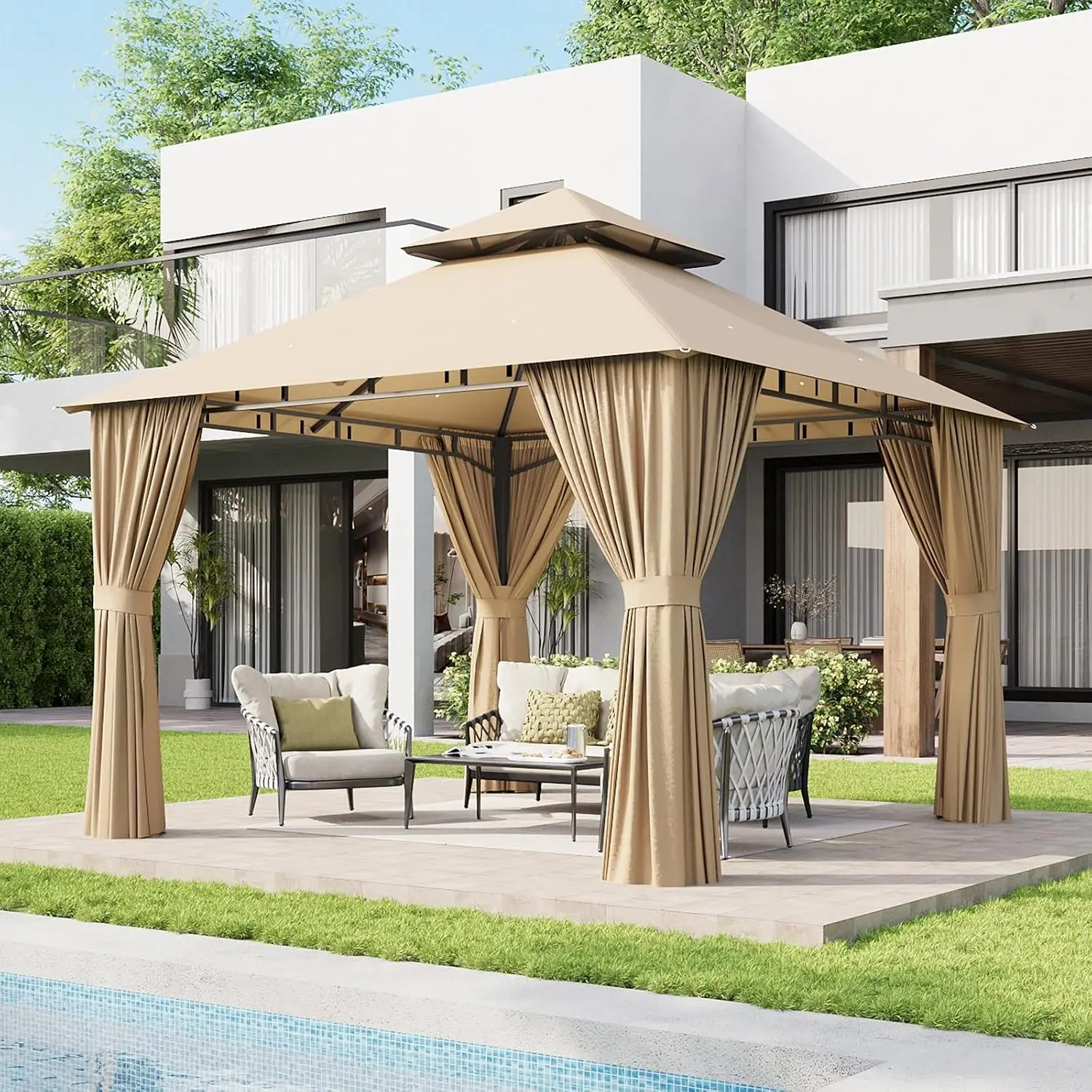10'x10' Outdoor Gazebo Curtain & Mosquito Net Beige Heavy-Duty Party Tent Double Roof Zipper Screen Backyard Shelter, Customized