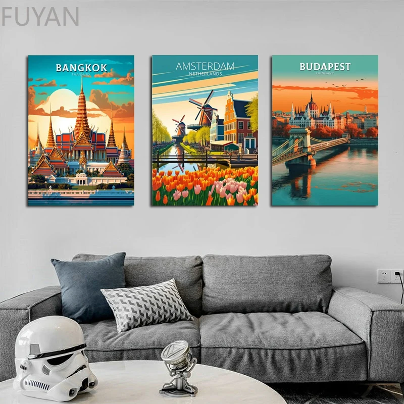 Affiches en toile de ville de voyage de vacances rétro, peinture murale imprimée d'art d'amsterdam, images de tourisme pour décor de salon