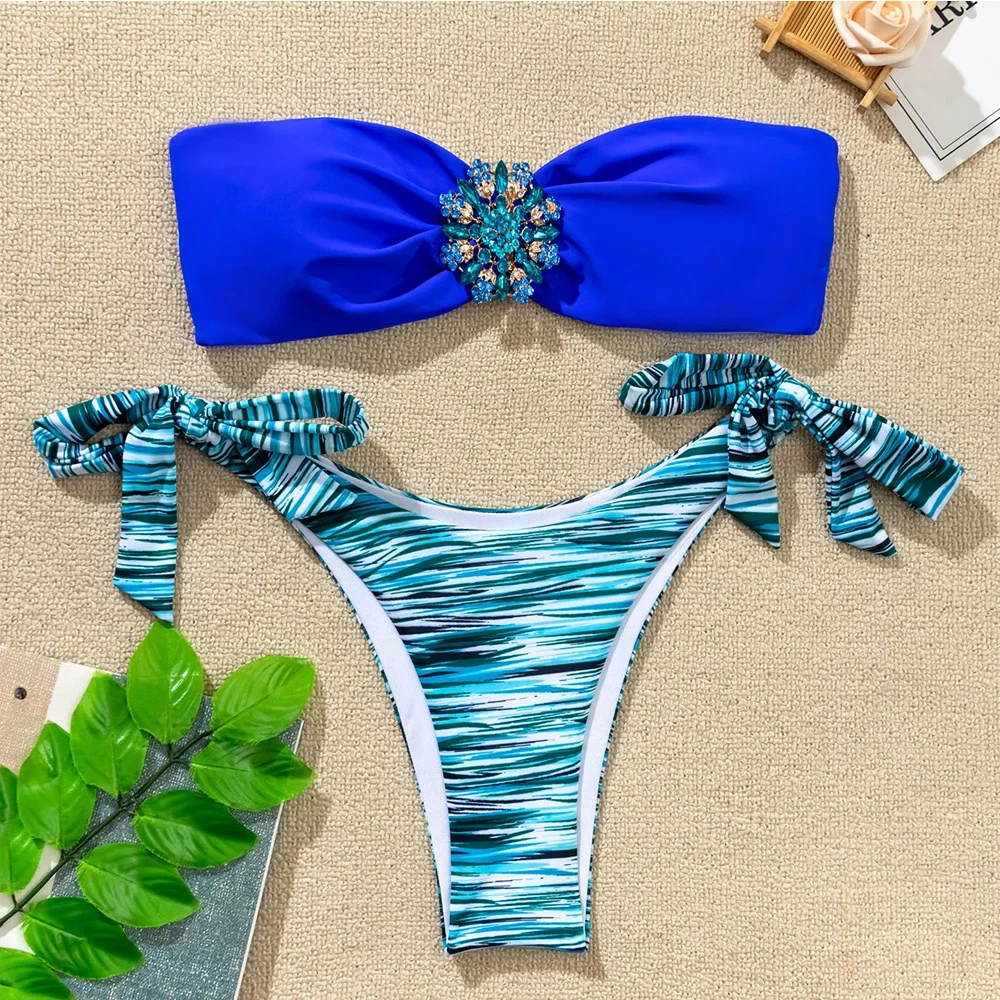 Strass Bloem Accessoires Badpak Vrouwen 2023 2 Stuk Mini Bikini Sexy Strapless Backless Badpak Zomer Strand Badmode