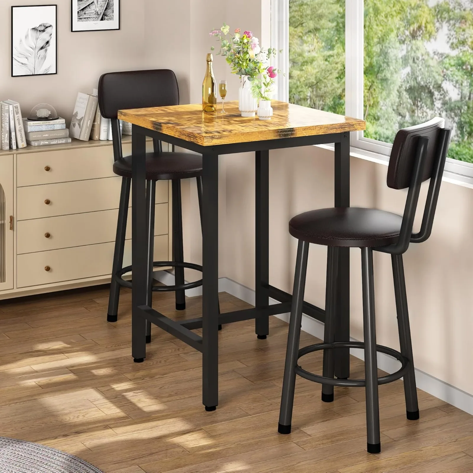 US 3 Piece Pub Dining Set, Modern bar Table and Stools for 2 Kitchen Counter Height Wood Top Bistro Easy Assemble for