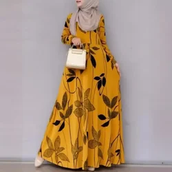 Holiday Muslim Dress Casual Bohemian Robes Muslim Printed Long Sleeve Dress for Women Dubai Full Length Abaya Turkey Spring Robe