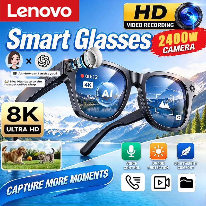 Lunettes audio intelligentes AI Lenovo, lunettes de soleil polarisées UV400, haut-parleur à oreilles ouvertes, caméra HD 8k, appels vocaux, navigation vocale, lunettes pour la conduite