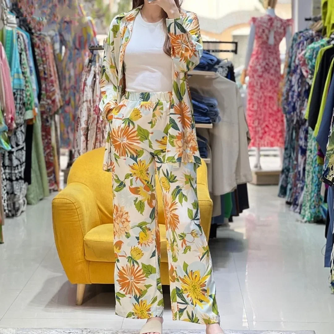 Women Eid Muslim Sets Two Pieces Kaftan Cardigan Ensemble Single Breasted Flowers Blouses Elastic Waist Wide Leg Pants Arab