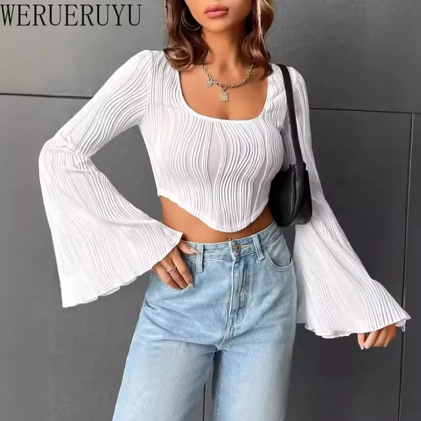 Sexy White Slim T-shirt Long Sleeve Crop Top Women Y2k Clothes Autumn and Winter Flare Sleeve Water Ripple T-shirts Womens 2024