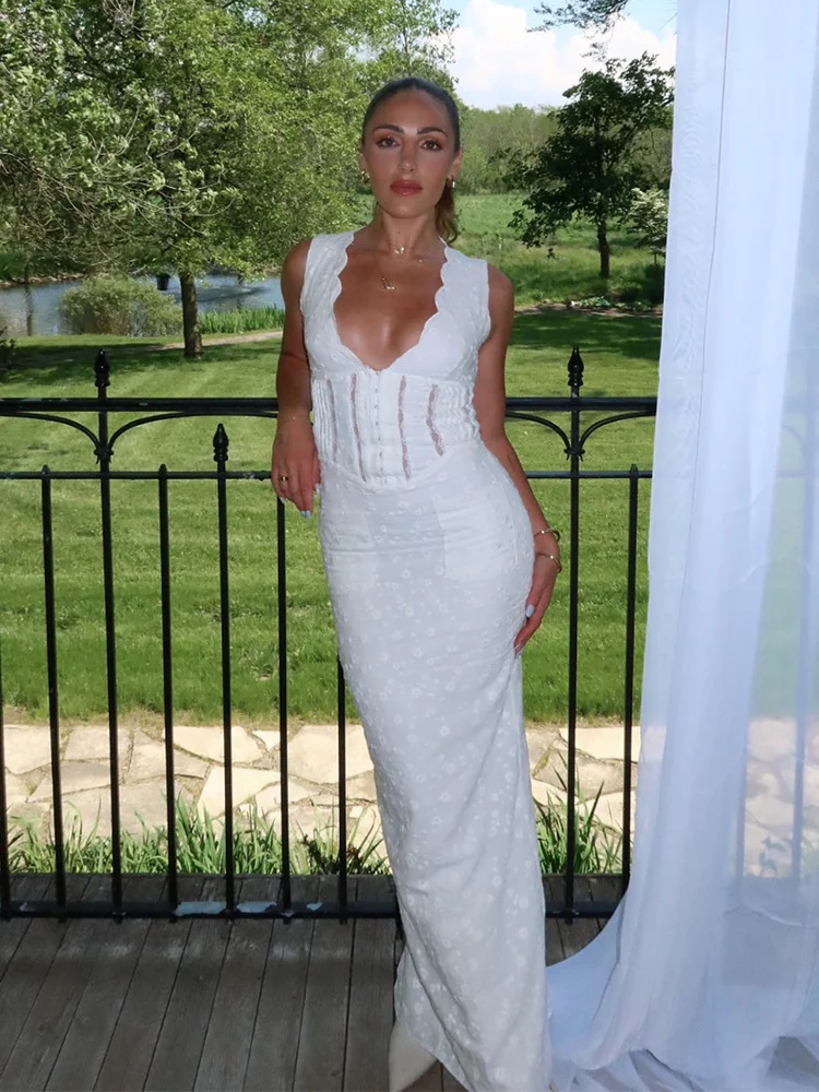 

Sexy Lace V-neck High Waist Backless Bodycon Halter Maxi Dress White Sleeveless Wedding Guest Dress Elegant Evening Dress