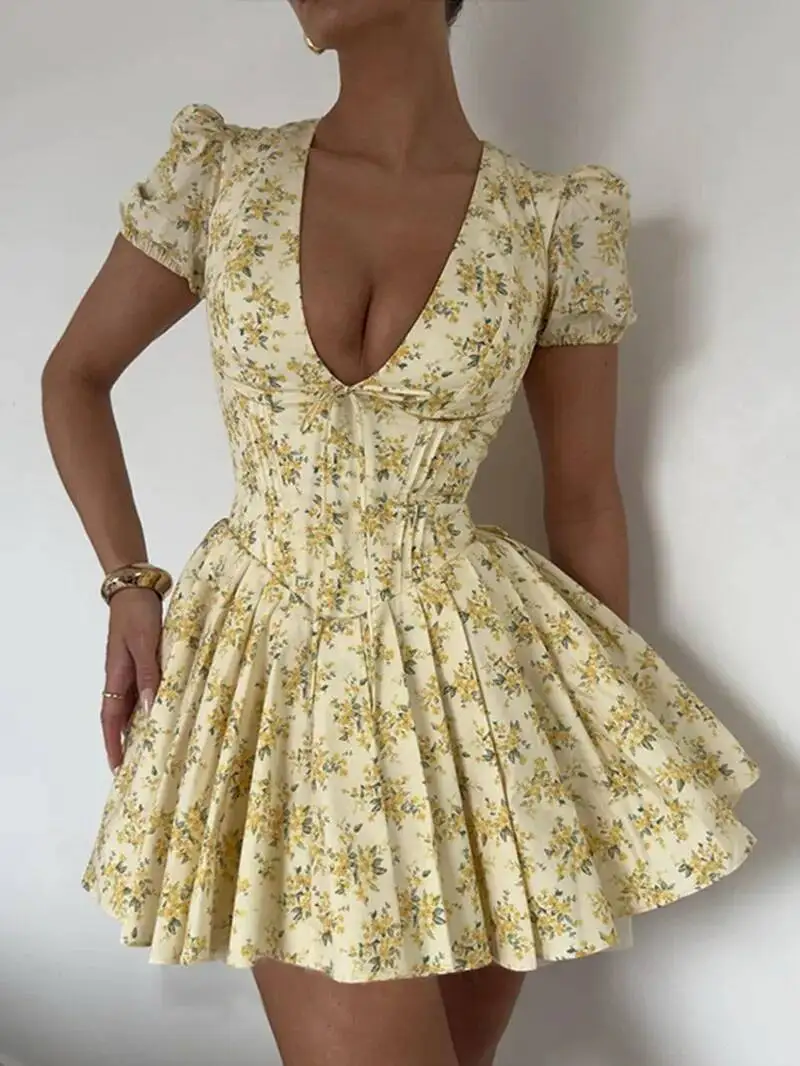 프린트 V넥 퍼프 소매 미니 드레스 플로럴 프린트 하이웨이스트 리본 장식 드레스 패션 여성 미니 드레스 V넥 탑