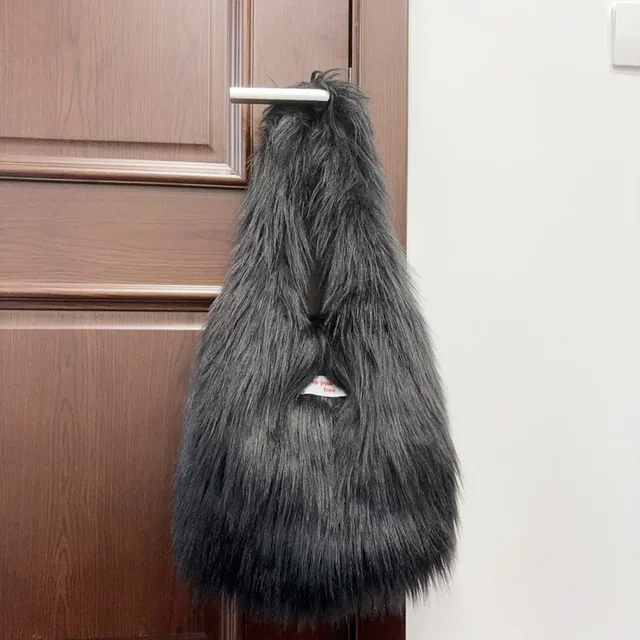 Candy Color Long Fur Bags for Women Warm Faux Fur Shoulder Bag Fluffy Soft Plush Shopper Tote Half Moon Hobos Designer Handbag