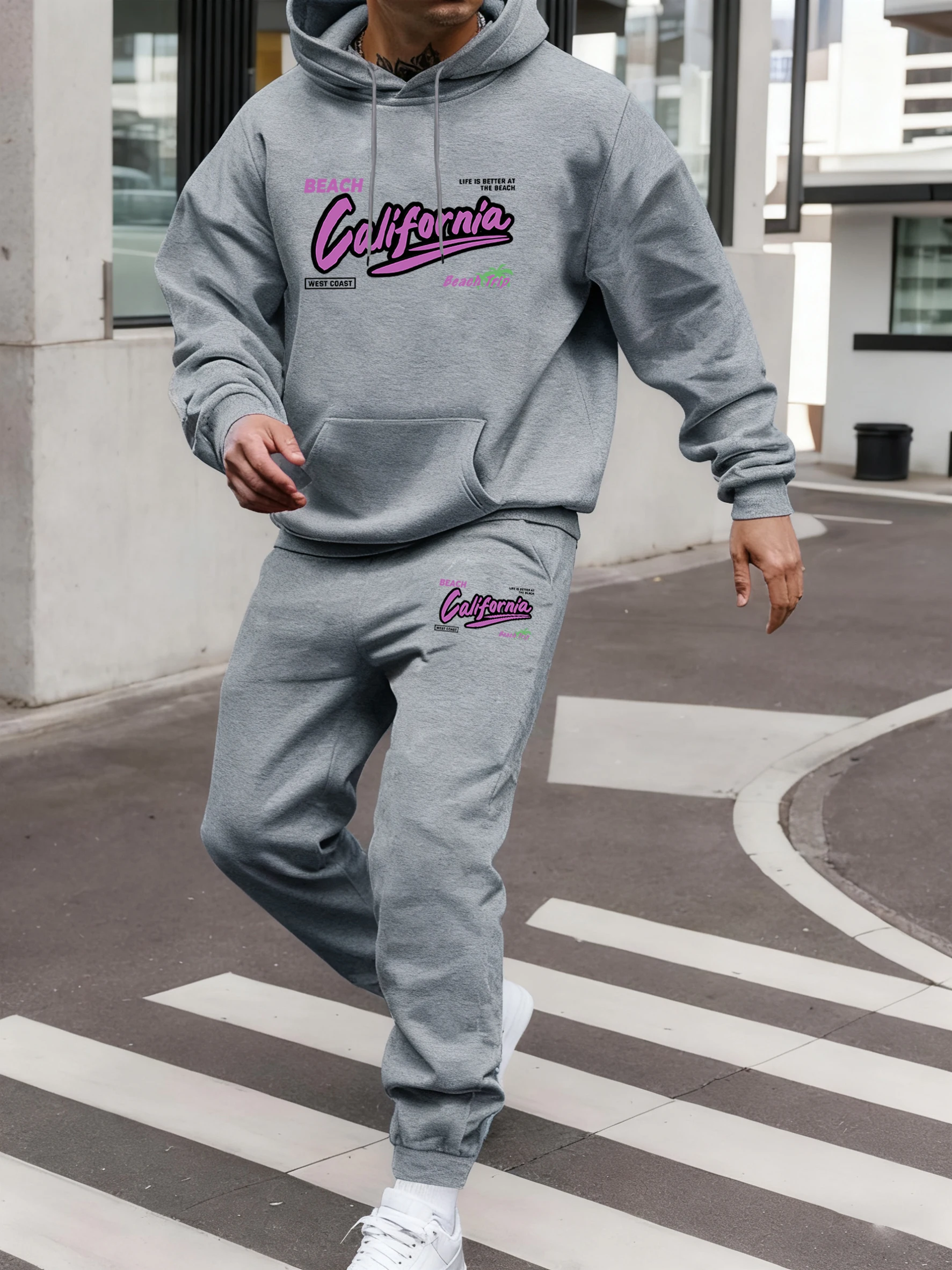 

California Weat Coast Beach Trip Print Pocket Classic Hoody Suit Men Soft Fleece Sweatshirts Casual Autumn 2 Piece Set Sweatpant