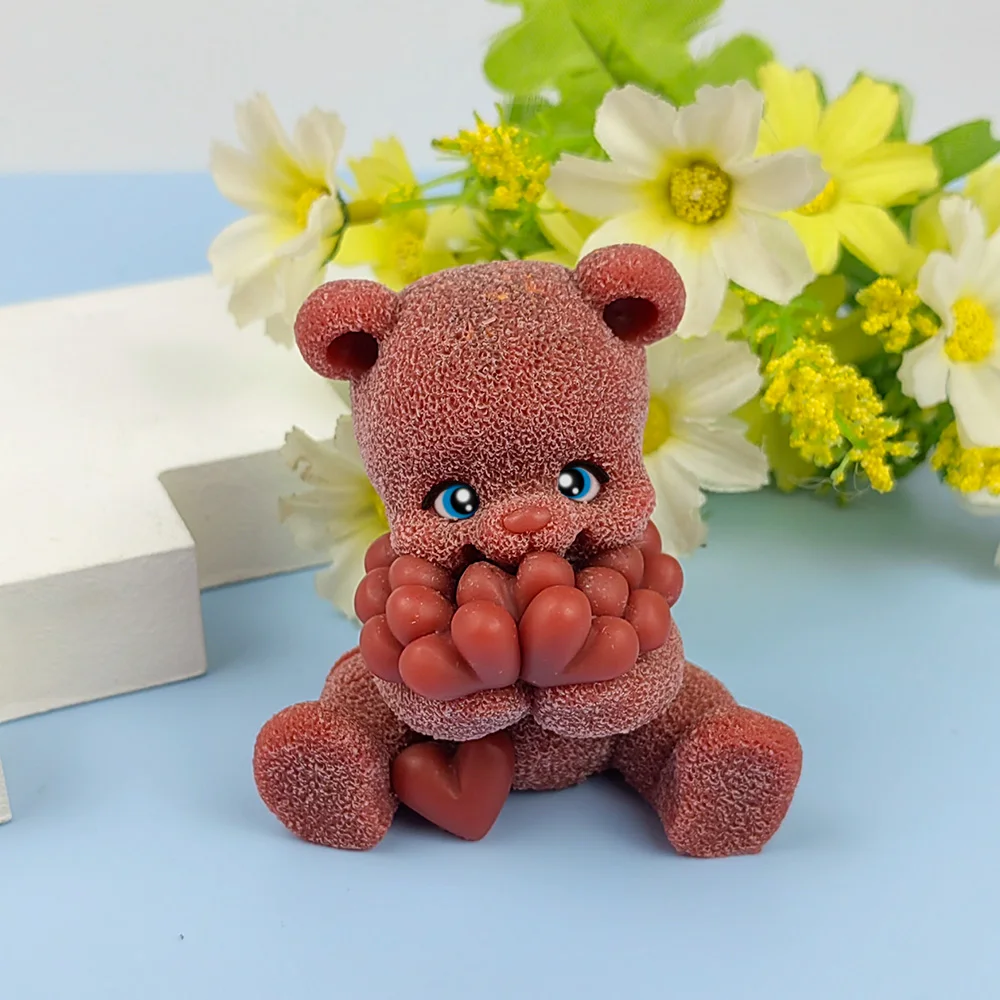 Animals Mold Bear Holding A Lot Of Love Candle 3D Moulds Soap Molds Silicone Wedding Birthday Valentine\'s Day DW0506