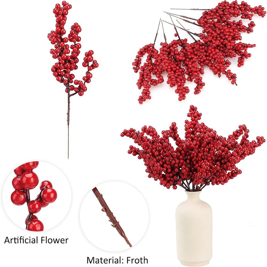 인공 식물 홀리 작은 붉은 과일 새해 크리스마스 홈 꽃병 야외 정원 축제 파티 벽 웨딩 장식 DIY 선물