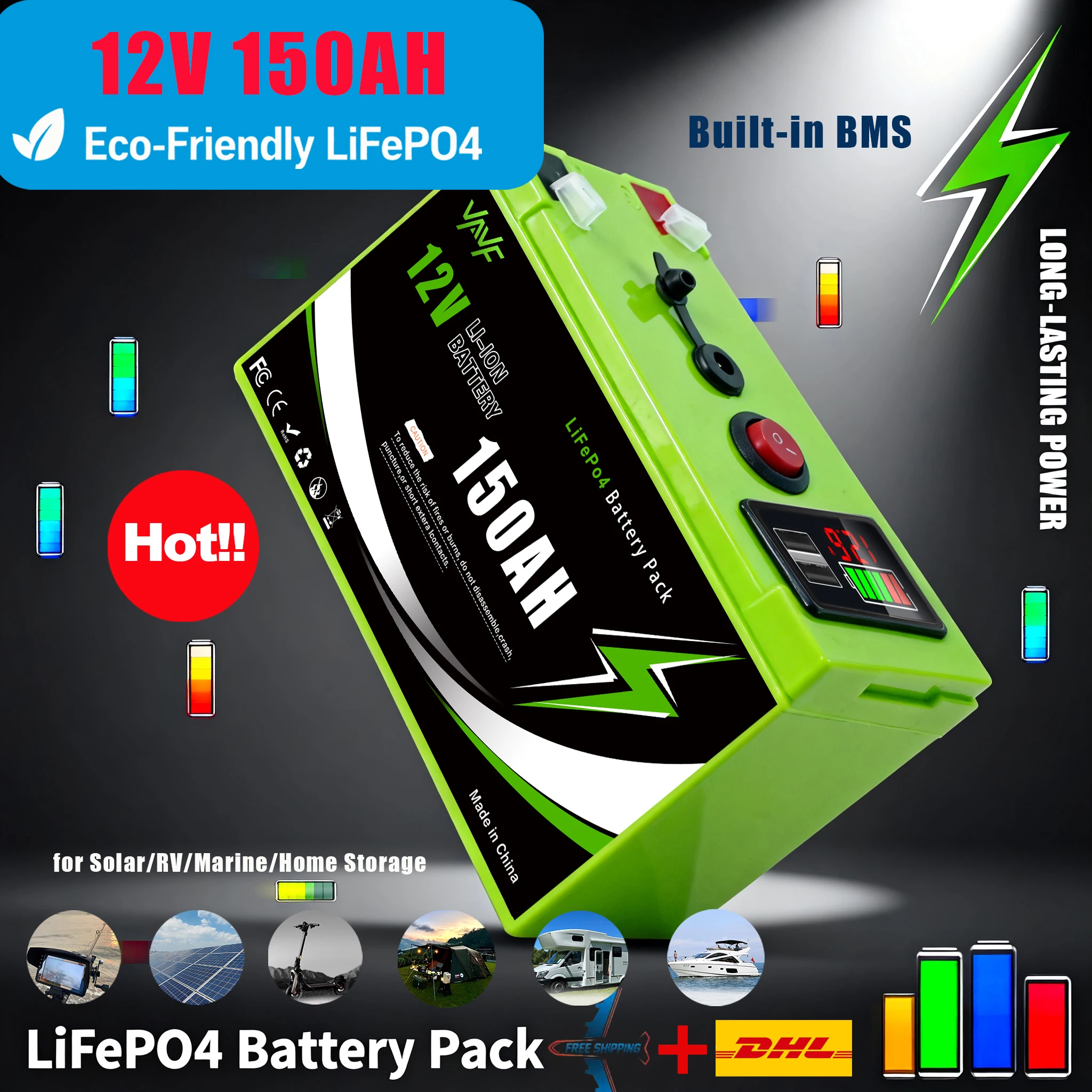 

Литиевая батарея глубокого цикла LiFePO4 12 В, 150 Ач для автономных применений, солнечной батареи, эхолота, освещения, силовых колес, встроенная BMS