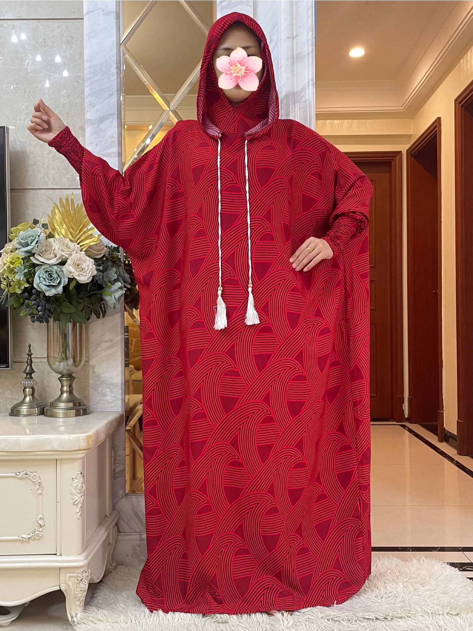 

New Muslim Long Sleeve Women Abaya Eid Hooded Two Hats CottonDress Turkey Kaftan Arab Robe Islamic Overhead Hijab Dubai Clothing