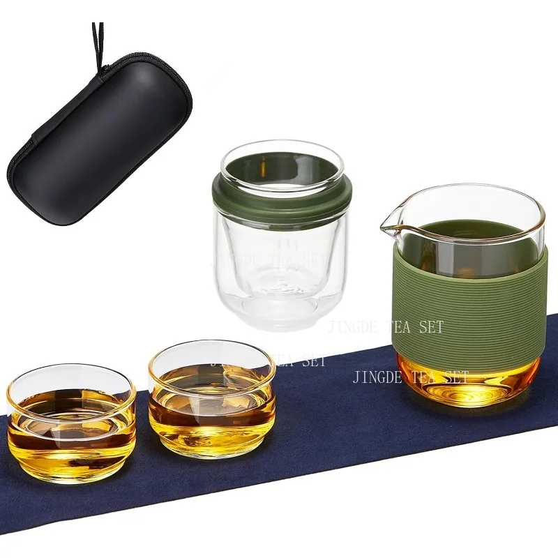 Portable Travel Glass Kung Fu Tea Set Heat‑Resistant Glass Teapot with Infuser 2 Tea Cups with Carry Case Outdoor Trip Camping