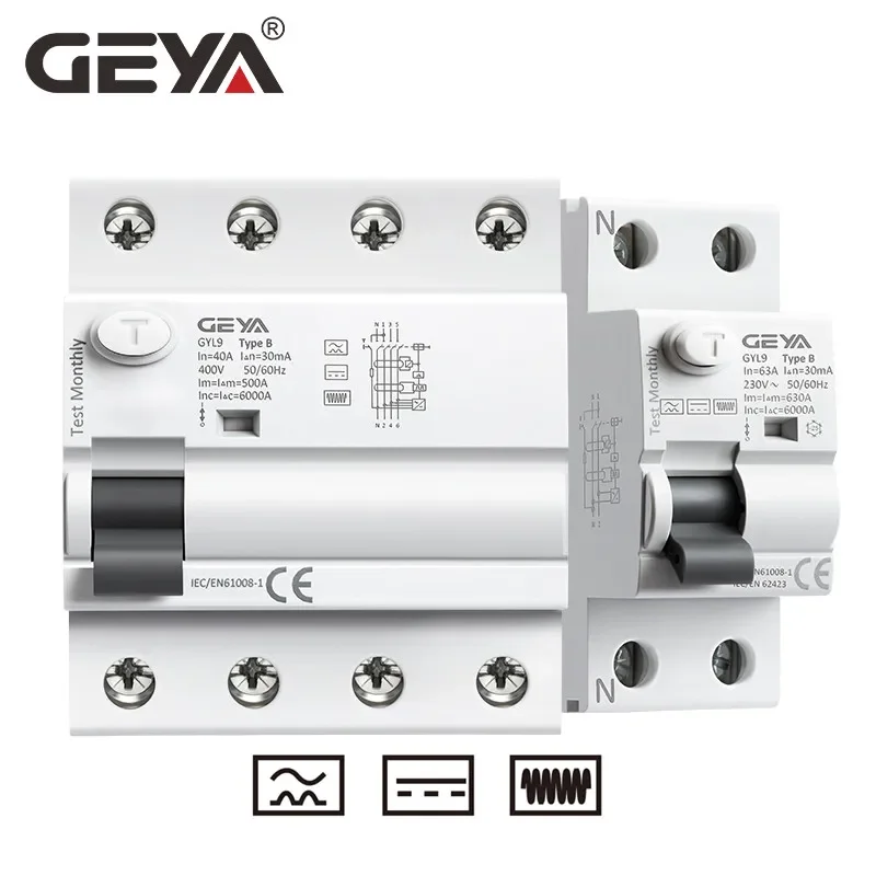 GEYA-Disjoncteur de courant résiduel magnétique de type B, L9, RCCB, DC ELCB, 2P, 4P, 40A, 63A, 30mA, 100mA, 300mA, fuite de type B, 6KA