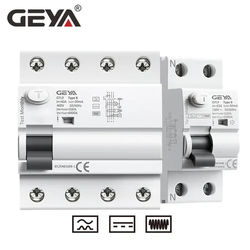 GEYA GYL9 magnético B tipo RCCB disyuntor de corriente Residual DC ELCB 2P 4P 40A 63A 30mA 100mA 300mA tipo B RCD fuga 6KA