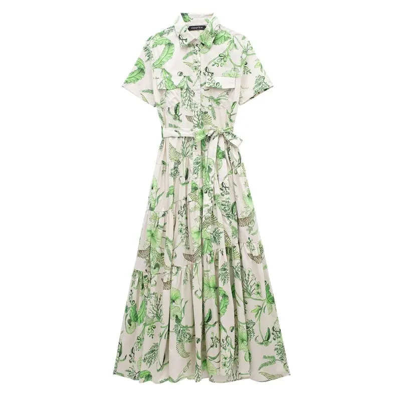 Summer 2024 Women's Slimming Versatile Floral Print irt Dr Midi Length Single Piece  Collar ort Sve Other Material